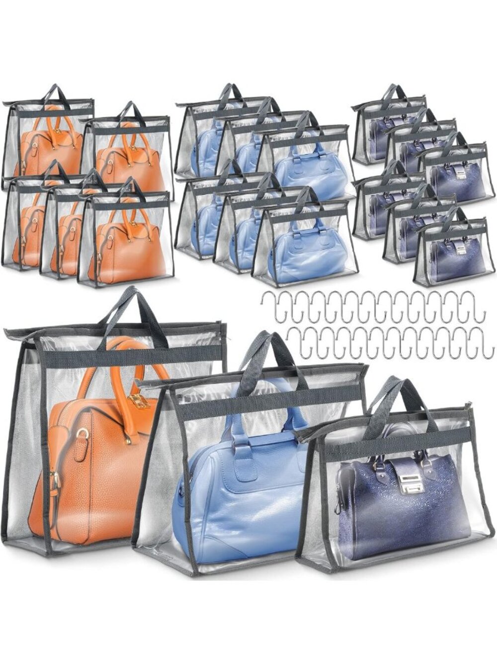20 Pack Clear Handbag Dust Covers - Storage Organizer, 3 Sizes, Grey